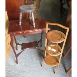 SMALL OAK STOOL, 3 TIER FOLDING WOODEN CAKE STAND & SIDE TABLE