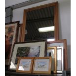 LARGE PINE FRAMED MIRROR, COLLECTION OF FRAMED PICTURES