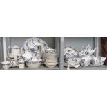 2 SHELVES OF BLUE & WHITE DINNER SERVICE INCLUDING MEAT PLATES, TUREENS, COFFEE JUG, TEA POT ETC