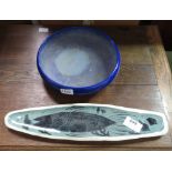 PIECE OF JUNE BAKER POTTERY DECORATED WITH A FISH & BLUE DOULTON BOWL