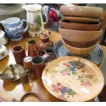 COLLECTION OF WOODEN BOWLS, PEWTER PLATE, COPPER, BRASSWARE ETC