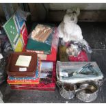 VINTAGE MONOPOLY, SCRABBLE & OTHER GAMES TOGETHER WITH A PAIR OF STAFFORDSHIRE DOGS & A PLANE ETC