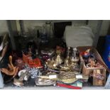 GLASS VASES, DECANTERS, BRASS FIRESIDE ITEMS, SMALL BELLOWS, TRIVET ETC