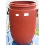 BROWN PLASTIC BARREL & CONTENTS, TOGETHER WITH 2 WATER CARRIERS