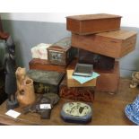 GOOD SELECTION OF WOODEN BOXES, TRIBAL STYLE FIGURES ETC