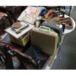 TABLE TOP OF COLLECTABLES INCLUDING VINTAGE BOARD GAMES, TYPEWRITER, SALTER SCALES ETC