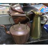 COPPER COAL SCUTTLE, COPPER JUG AND KETTLE