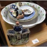 LARGE MIDDLEPORT POTTERY BOWL (BURLEIGH), 2 SPODE PLATES & OTHER ITEMS, STAFFORDSHIRE COTTAGE &