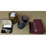 WOODEN BOXES, CASED MEDICINE GLASS MEASURE, COSTUME JEWELLERY ETC