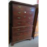 19TH CENTURY MAHOGANY CHEST ON CHEST ON SHAPED FEET & WITH BRASS SWING HANDLES & ESCUTCHEONS