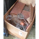 BOX OF SCIENTIFIC EQUIPMENT, TEST TUBES, OTHER GLASS ITEMS ETC