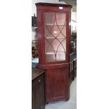 MAHOGANY CORNER CABINET WITH GLAZED TOP, 3 SHELVES & CUPBOARD TO THE BOTTOM