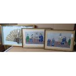 PAIR OF FRAMED PAINTINGS OF CHINESE SCENES HEAVILY DECORATED IN GILT, TOGETHER WITH A CASED FAN
