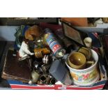 BOX OF CERAMICS, GLASSWARE, METALWARE ETC