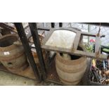 6 METAL BANDED OAK BARRELS, VARIOUS LOCAL FLAGONS & WOODEN BASKET FROM RODE