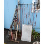 A PIECE OF MARBLE, WROUGHT IRON GATE & QUANTITY OF GARDEN TOOLS