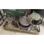 FIRE FENDER, WINE RACK, BED WARMER, SMALL BRASS TABLE, BRASS COAL BUCKET ETC