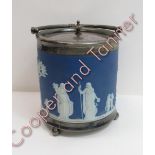 A Wedgwood biscuit barrel with silver plated cover, swing handle and base on ball supports, 15.