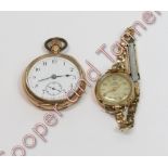 Waltham, a lady's metal fob watch; with an Avia lady's 9 carat gold mechanical wrist watch, on a