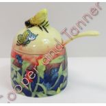 Old Tupton Ware honey pot with cover and spoon having tubelined floral decoration, 10cms high