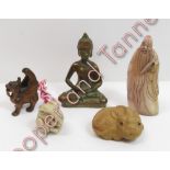 A small modern brass Buddha; horn carved Prophet figure and other modern figures