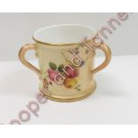 A Royal Worcester miniature tyg in blush apricot and painted with flowers, puce mark to base, 4cms