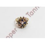 A sapphire and cultured pearl 1970s cluster ring, stamped '9ct', finger size O, 4.3 g gross