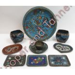 A quantity of Japanese cloisonné ware including circular plate 24cms diam; small trays and other