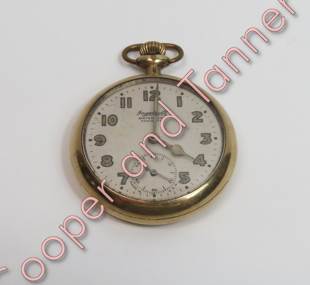 Ingersoll, Waterbury, Radiolite, an open faced metal pocket watch, with luminous Roman numerals