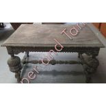 A Victorian carved oak centre table in the Tudor style, the rectangular top raised on four bulbous