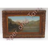 Late 19th Century Continental School - Lake scene with castle and mountains beyond, oil on panel,