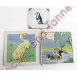 A Poole pottery tile with duck decoration 15.5cms x 15.5cms; a Minton blank decorated with a duck,
