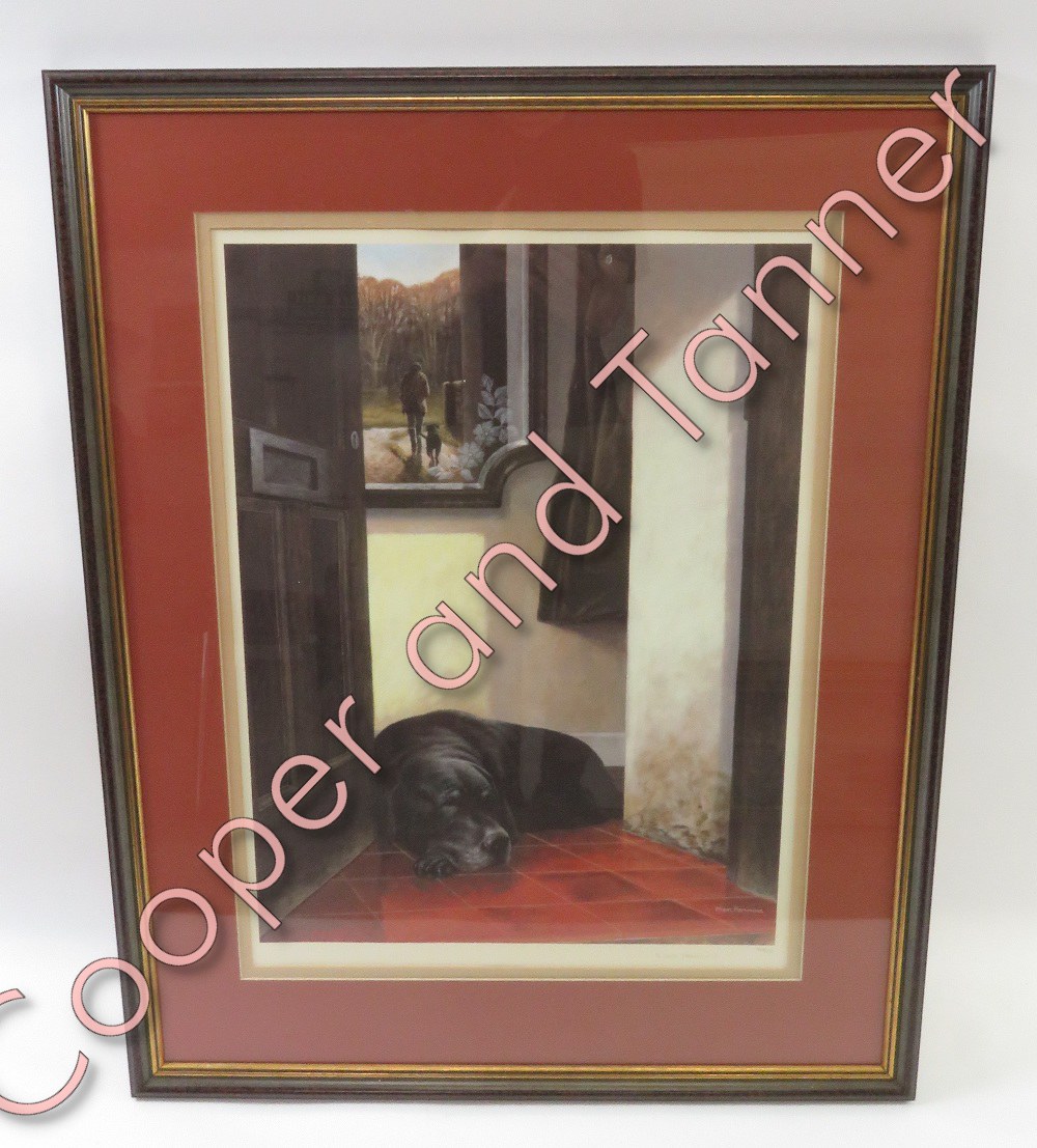 Nigel Hemmings (20th Century) - a limited edition print of a black Labrador lying in a door way,