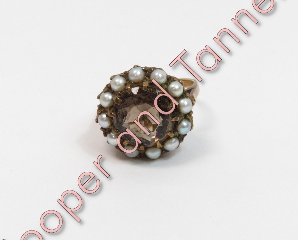 A 9 carat gold smoky quartz and cultured pearl cluster dress ring, finger size L, 5.7 g gross