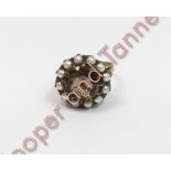 A 9 carat gold smoky quartz and cultured pearl cluster dress ring, finger size L, 5.7 g gross
