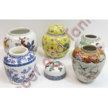 Five decorative ginger jars, and a top with no jar