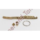 A 9 carat gold lady's watch bracelet; with two ear studs, one hallmarked 9 carat, the other