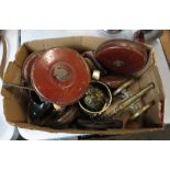 BOX OF OLD TAPE MEASURES, CARPENTERS PLANE, SMALL BRASS NOVELTY CANNON