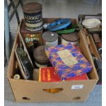 BOX OF EX-MUSEUM TINS, INCLUDING MAZAWATTEE, ETC