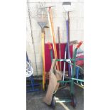 GREEN SET OF SACK TRUCKS, HESSIAN SACK & GARDEN TOOLS