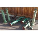 5 GREEN PAINTED CAST IRON WATER PUMPS WITH SOME BASES