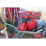 GALVANISED WHEELBARROW, PETROL CANS, WORKMATE, ETC