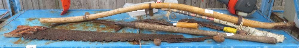 SELECTION OF ANTIQUE TOOLS INCLUDING SAWS, SCYTHES ETC
