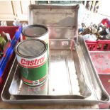 ASSORTMENT OF STAINLESS STEEL DRIP TRAYS & 2 TINS OF CASTROL GREASE