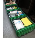 4 CRATES OF ASSORTED CLEANING ITEMS, SLIDE PROJECTOR, BOXES OF TINNED LUBRICANT & PLASTIC STORAGE