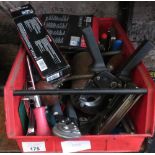 RED PLASTIC CONTAINER WITH TOOLS ETC