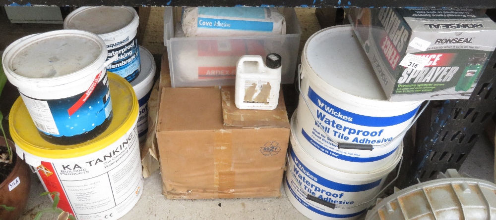 COLLECTION OF WATERPROOF ADHESIVE & TANKING ITEMS, BOXED FENCE SPRAYER ETC