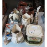 COLLECTION OF JUGS, ORNAMENTS & 2 GLASS DECANTERS