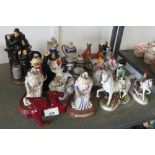 HALF SHELF OF CHINA COLLECTABLES INCLUDING STAFFORDSHIRE FLATBACK & HORSE ORNAMENTS ETC