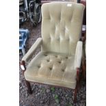 MAHOGANY FRAMED BUTTON BACK ARMCHAIR